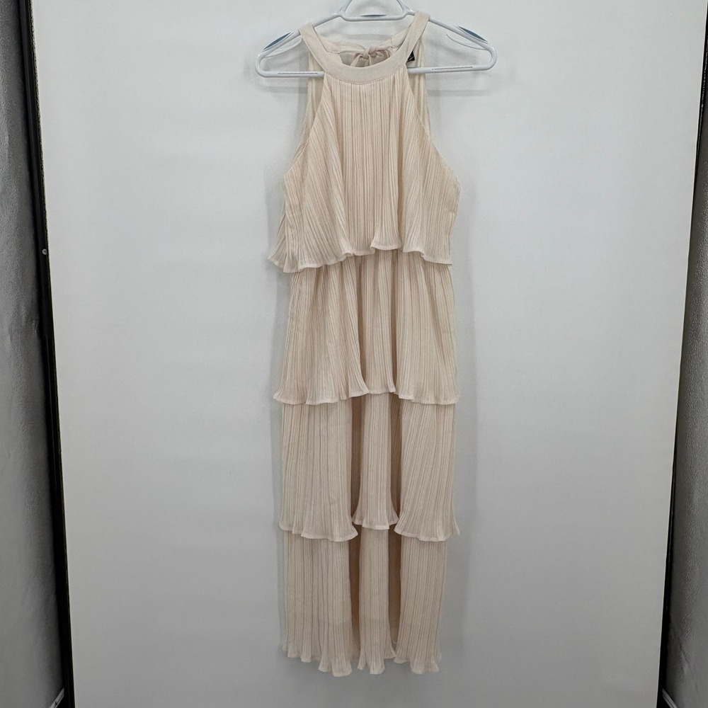 ZESICA Cream Plisse Pleated Tiered Maxi Dress Halter Neck Back Tie Small